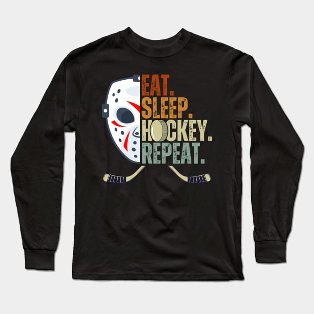 Eat Sleep Hockey Repeat Kids Adult Ice Hockey Retro Vintage Long Sleeve T-Shirt by Just Me Store